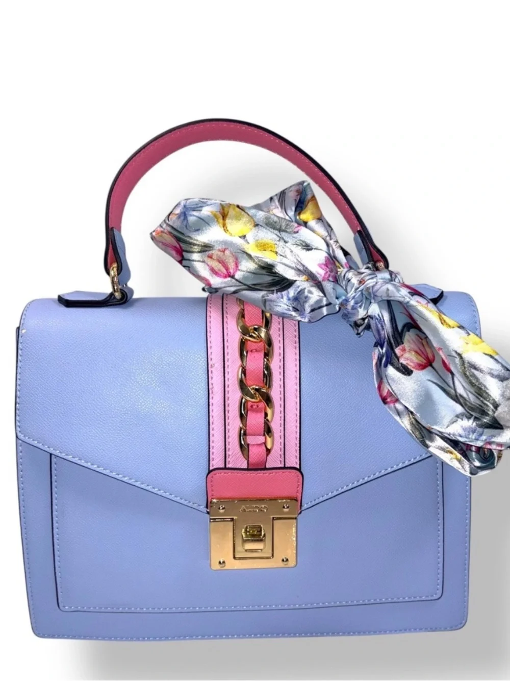 NWT Aldo Light Blue and Pink Top-Handle Satchel with Scarf Accent
